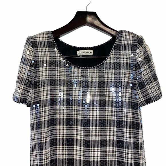 Albert Nipon Sheath Dress Black Plaid Sequin 4 - Picture 5 of 8